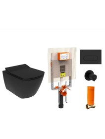 Resim Creavit EG321 Elegant Kanalsız Siyah Asma Klozet + Siyah Klozet Kapaklı Kömür Karası + Mat Siyah Gömme Rezervuar Set 