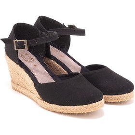 Resim Gerçek Elişi Bilekten Bantlı Topuğu Açık Keten Espadril Dolgu Topuk Handmade Siyah 