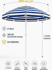 Resim Düvenci 8 Telli-200 Cm Mavi Beyaz Plaj Bahçe Balkon Şemsiyesi, Eğilebilen Şemsiye 