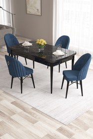 Resim Canisa Roz Serisi,80x132 Mdf Açılabilir Siyah Mermer Desen Yemek Masası 4 Lacivert Sandalye Gold Halkalı 