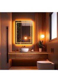 Resim Gleamira Vertical Amber Led'li Lazer Kumlamalı Lavabo & Banyo Aynası Dokunmatik Sensörlü 100 X 75 Cm Turuncu 