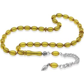 Resim Tesbihname Ateş Kehribar Tesbih - Kararmaz Metal Püsküllü - Mini Boy - Sarı - Arpa Kesim 