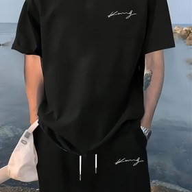 Resim Baskılı Erkek Rahat Spor İki Parça Takım Yuvarlak Yaka Kısa Kollu T-Shirt ve Bağcıklı Şort Kombinasyonu Bahar/Yaz Modası Kıyafeti 