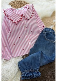 Resim Kız Çocuk Pembe Kalp Detaylı Gömlek Ve Pantolon Çok Renkli 