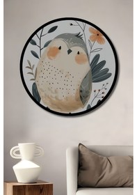 Resim Sevimli Kuş Figürlü Ahşap Tablo Sulu Boya Görünümlü Yuvarlak Duvar Tablosu Çerçeve Görünümlü-7645 - 45 X 45 