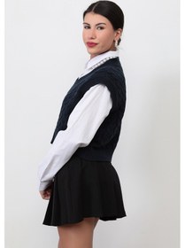 Resim Giysa Kadın Lacivert V Yaka Saç Örgü Desenli Crop Triko Süveter - 4007 Lacivert 