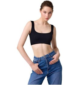 Resim Cottonhill Premium - Kadın Siyah Seamless Kare Yaka Crop Top Büstiyer Siyah 