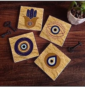 Resim Fatma Ana Eli (Hamsa), Nazar Taş Bardak Altlığı Seti - 4 Parça - Dekoratif, Rustik Mutfak Aksesuarı, 10x10 cm, Kaydırmaz Tabanlı, Şık ve Dayanıklı SC246 