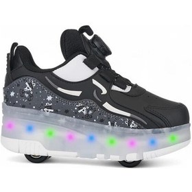 Resim Siyah Işıklı Patenli Ortopedik Unisex Çocuk Spor Ayakkabı Nils 