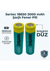 Resim Sertec 18650 Şarjlı Pil 2000mah Fener Pili 3.7v Li-ion Başlıksız Düz 2li 