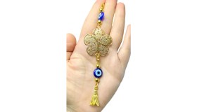 Resim Metal Çiçek Araba Dikiz Ayna Süsü, Cam Mavi Nazar Boncuklu Yeni Araba Hediyesi 