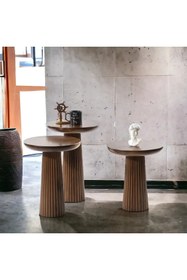 Resim Simillo Home&Living Wood Ahşap 3’lü Set Tütün Renk Fitilli Mantar Yan Sehpa Fiskos / Çiçeklik Modern Doğal 