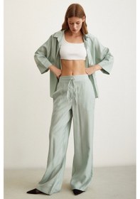 Resim Never More Yarasa Kol Keten Gömlek Mint Mint Yeşili 