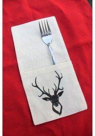 Resim Yılbaşı 6 Adet Dekoratif Keten Geyik Kafası Baskılı Kaşıklık Krem 