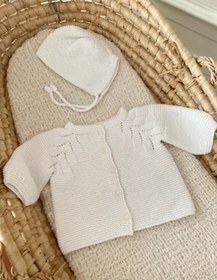Resim Düğmeli El Örgüsü Bebek Hırka Şapka Seti - 0-3 ay / Beyaz 