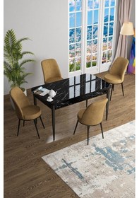 Resim Canisa Han Serisi 70x114 Açılabilir Mdf Mutfak Masası Takımı Siyah Mermer Desen Masa 4 Cappucino Sandalye Masa Siyah Mermer Desenli Sandalyeler Cappucıno 