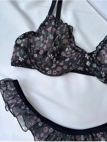 Resim Siyah Çiçek Detaylı Balenli Bralet Sütyen Set Siyah 