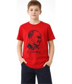 Resim Barlashive Erkek Çocuk Atatürk Baskılı Tişört Kısa Kollu Bisiklet Yaka T-shirt - Kırmızı Çok Renkli 