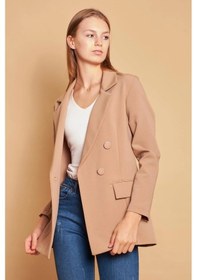 Resim Kadın Düğme Detaylı Uzun Kol Şık Ofis Süs Cep Kapaklı Kumaş Blazer Ceket -bej Bej 