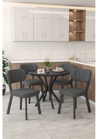 Resim Gnr 90cm Sabit Siyah Mutfak Masası Takımı, Yemek Masası, 4 Modern Antrasit Sandalye Antrasit 