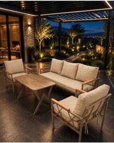 Resim Miray Cappuccino Metal 311 Masalı Bej Balkon Bahçe Oturma Grubu Minderli Metal Bahçe Mobilyası Takımı 