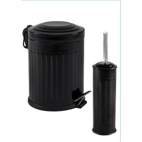 Resim Depposite Vintage 2 Li Çöp Kovası Çöp Kutusu Banyo Seti Çizgili Model Siyah 5 Litre ve Wc Fırçası Seti 