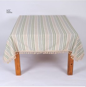 Resim Dnc Home Tekstil Buldan Dokuması Keten Renkli Çizgili Ponponlu Masa Örtüsü Krem 