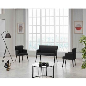 Resim GARDEN HOUSE Desensiz Siyah Deri Siyah Ahşap Ayak Ofis Koltuk Takımı Büro Bekleme Koltuk Takımı 