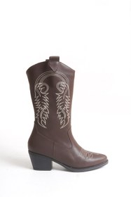 Resim LUQSE KAHVERENGİ BEYAZ NAKIŞLI KADIN KOVBOY ÇİZME 