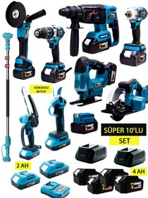 Resim Germany Style Kömürsüz 10'lu Set Teleskopik Kırıcı-Matkap-Dekupaj-Daire Testere-Budama Testeresi-Mak 