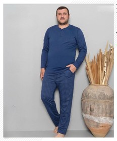 Resim Pijamoni Erkek Battal Düğme Yaka Penye Uzun Kol Pijama Takımı 6720/9 - 1 Adet Mavi 