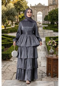 Resim Kat Detaylı Beli Kemerli Alina Tesettür Abiye-lacivert-5749 