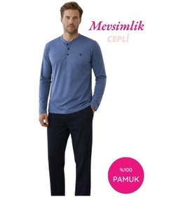 Resim Guava Erkek 3 Düğmeli %100 Pamuk Mevsimlik Geniş Kalıp Uzun Kol Cepli Pijama Takımı Mavi 