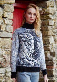 Resim Kaşmir Yün Karışımı Boğazlı Kazak At Desenli Lacivert 