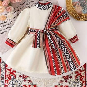 Resim Kızların Kayısı Rengi Uzun Kollu Elbise Etnik Tarz Tatlı Kız Çocukları İçin Tek Parça Etek 