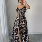 Resim Kadınlar İçin Bohem Leopar Desenli V Yaka Askılı Elbise - Bel Detaylı A Kesim Geniş Paça, Makinede Yıkanabilir Şık ve Romantik Stil, Spagetti Askılı Midi Elbise, Tüm Mevsimler İçin Lüks Kumaş, Tatil Kıyafeti, Hafif Malzeme, Moda Trend 