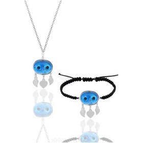 Resim Gümüş Süryani Nazar Boncuğu Kolye Ve Bileklik Seti 