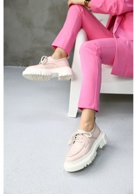 Resim Piona Pudra Kalın Tabanlı Bağcıklı Kadın Hakiki Deri Loafer Pudra 