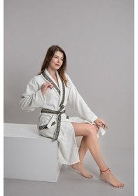 Resim Güvenal Valentis Desenli İşlemeli Kutulu Kadın Erkek Pamuk Bornoz Sabahlık Bornoz Seti Çeyiz Hediyelik 6 Lacivert 