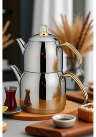 Resim Gökdil Valeriya Indüksiyon Tabanlı Aile Boy Çaydanlık Takımı Gold Kulp Gümüş 