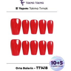 Resim 15'li Kırmızı Orta Balerin Tt1418 Tekrar Kullanılabilir El Yapımı Protez Takma Tırnak S 