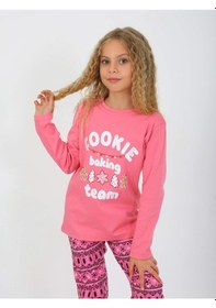 Resim Kız Çocuk Uzun Kollu %100 Pamuklu Pijama Takımı Cookie Team Pembe 