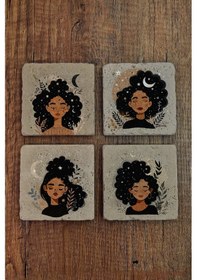 Resim Doğal Taş Bardak Altlığı Ayçiçeği Kadınları Temalı 10x10cm- Stone Coasters Çok Renkli 