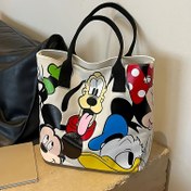 Resim Büyük Mickey & Donald Duck Baskılı Kanvas Tote Çanta - Şık Siyah Tutacaklar, Fermuar Kapatma ve Sabit Omuz Askıları için Seyahat ve Günlük Kullanım, Günlük Taşıma | Eğlenceli Tasarım | Kanvas Malzeme 