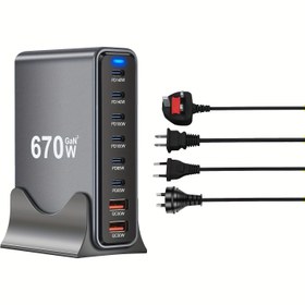 Resim 670W Gallium Nitride PD Şarj Cihazı 670W Çok Fonksiyonlu Masaüstü Adaptörü 140W Yüksek Güçlü PD3.1 Şarj Cihazı 8-Port Şarj Cihazı 