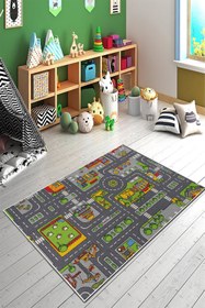 Resim PINKIE HOME Kaymaz Taban Makinede Yıkanabilir Leke Tutmaz Yol Desenli Oyun Halısı, Oyun Matı, Çocuk Halısı-38 