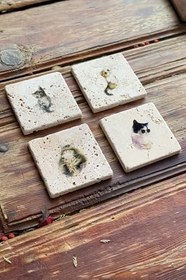 Resim Oscar Stone Decor Taş Bardak Altlığı Stone Coasters Kedi Seti/Kediler Ba-581 