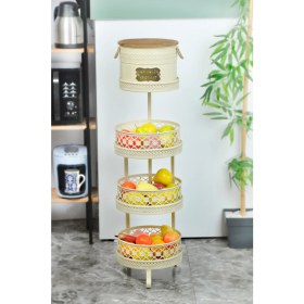 Resim Doğal Ahşap Ekmeklikli Ferforje Sebzelik ve Meyvelik Desenli Krem 