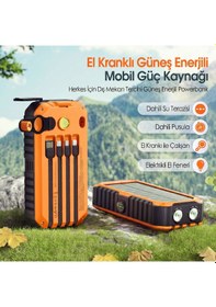 Resim 20000 Mah Solar Powerbank - El Kranklı, Dahili Kablolu Taşınabilir Su Geçirmez Powerbank Siyah - Turuncu 