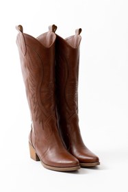 Resim MS SUGAR SHOES Kadın Taba Suni Deri Nakışlı Western Kovboy Cowgirl Bot Çizme 